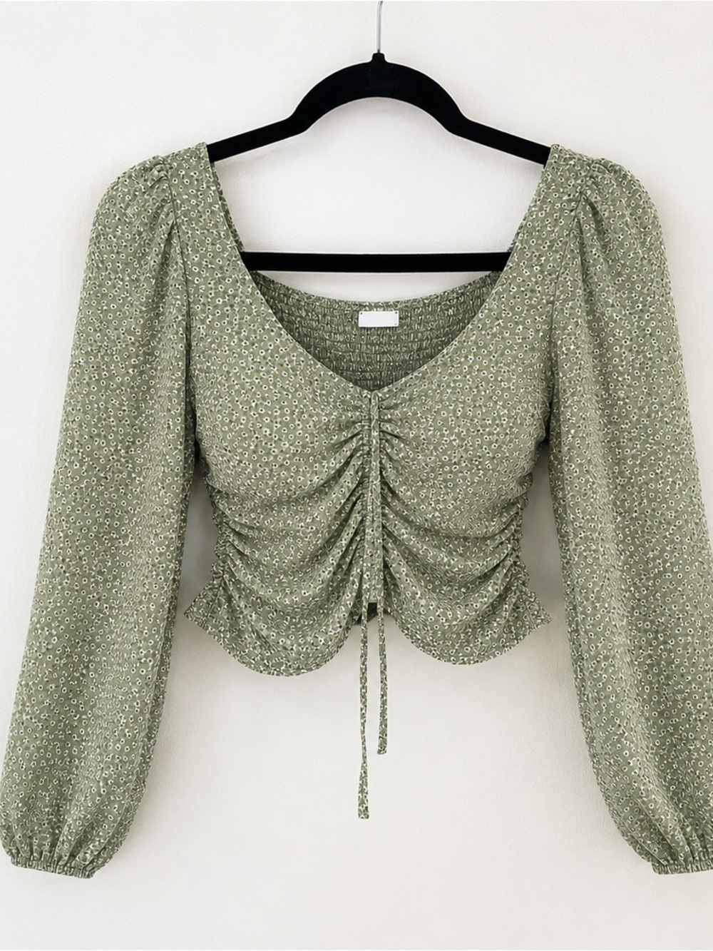 H&M Sage Green Ruched Floral Long Sleeve Top